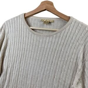 Studio 121 Womens M Beige 100% Silk Cable Knit‎ Crew Neck Sweater Old Money